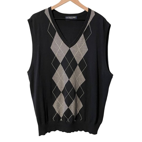 U.S. Polo Assn. Mens Argyle Sweater Vest Size XL Black & Grey 100% Cotton #B-6-8 - Picture 1 of 5